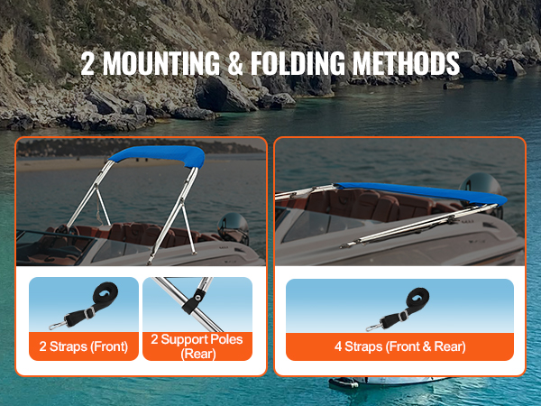 VEVOR bimini top on boat with two mounting and folding methods: support poles and straps.