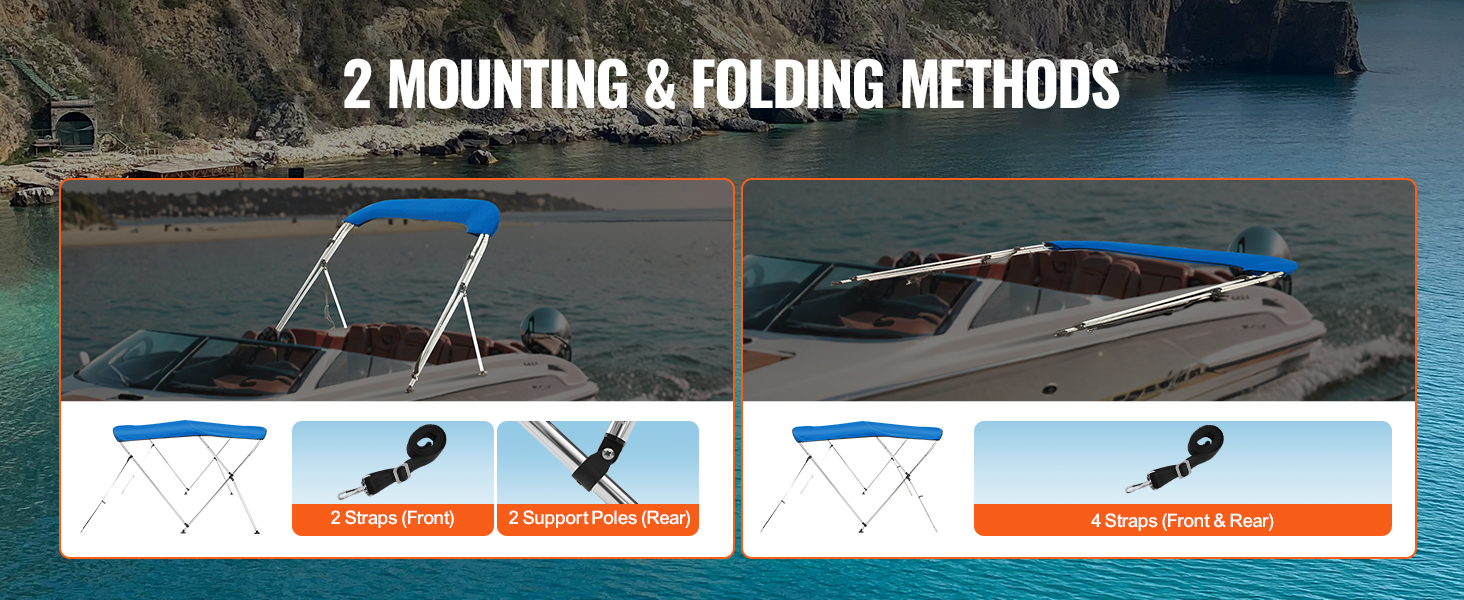 VEVOR bimini top on boat with two mounting and folding methods: support poles and straps.