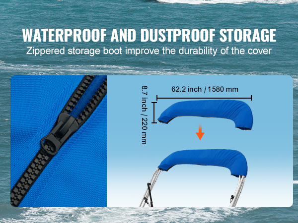 VEVOR bimini top with waterproof and dustproof zippered storage boot for durability.