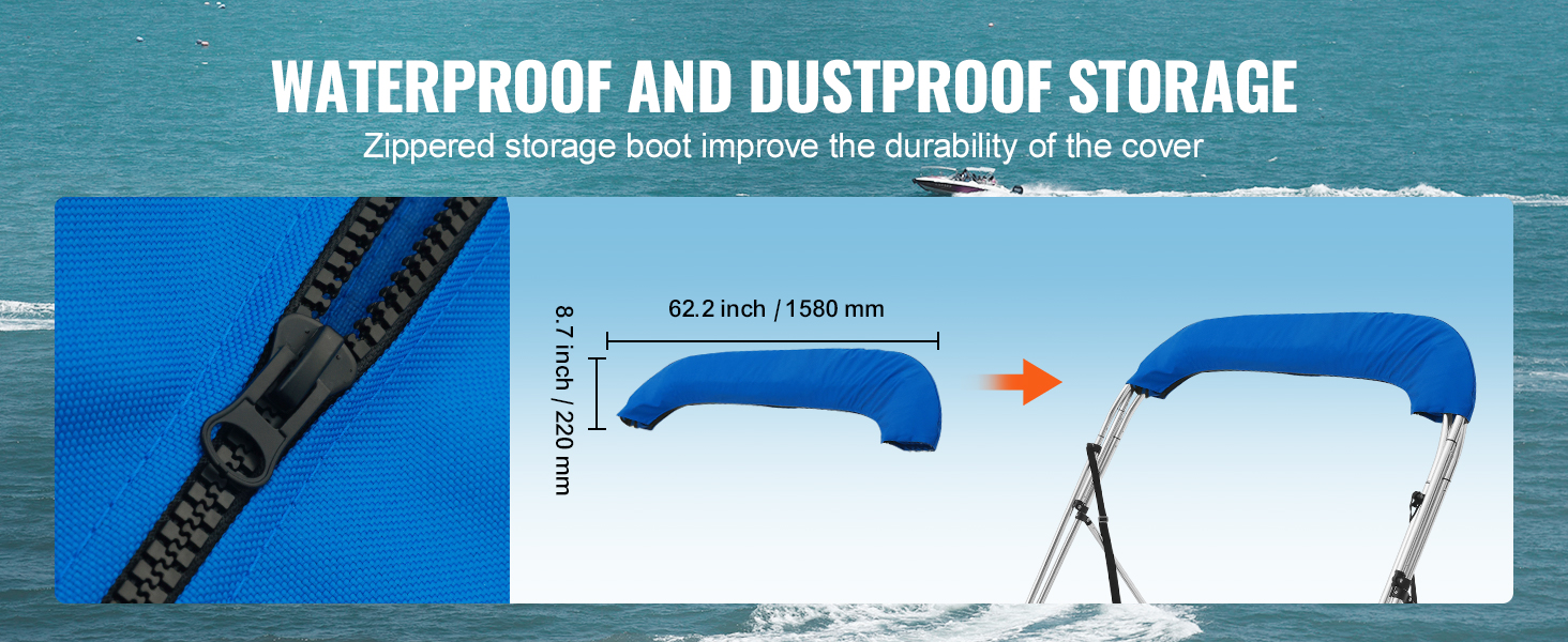 VEVOR bimini top with waterproof and dustproof zippered storage boot for durability.