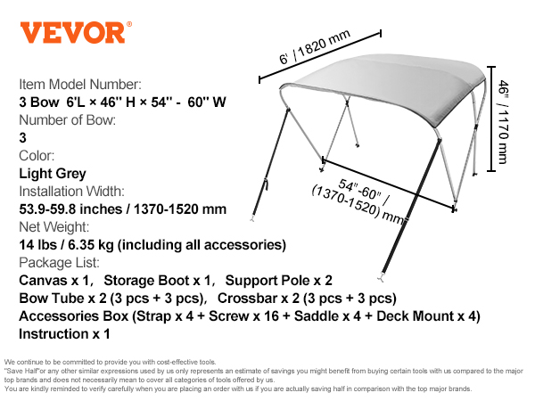 VEVOR bimini top 3 bow, 6'l, light grey, 54"-60"w, 46"h, 14 lbs with installation width of 1370-1520 mm.