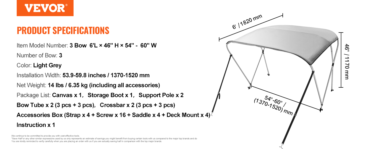 VEVOR bimini top 3 bow, 6'l, light grey, 54"-60"w, 46"h, 14 lbs with installation width of 1370-1520 mm.