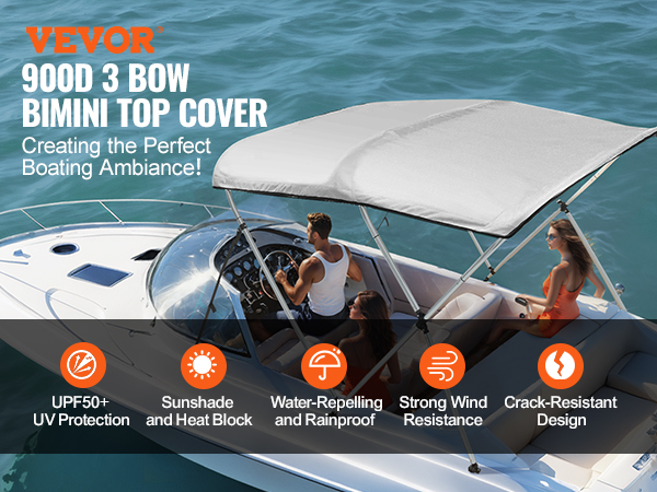 VEVOR bimini top cover on a boat with uv protection, sunshade, rainproof, wind resistance, and crack-resistant features.