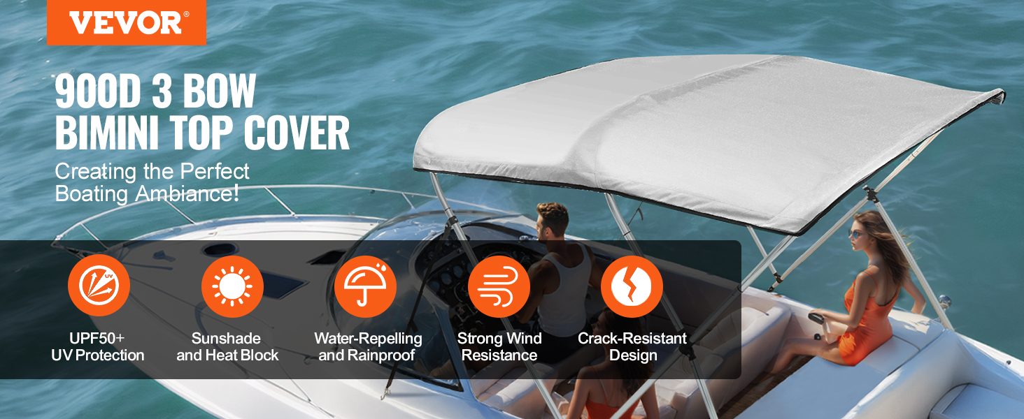 VEVOR bimini top cover on a boat with uv protection, sunshade, rainproof, wind resistance, and crack-resistant features.