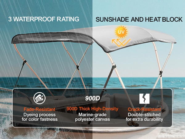 VEVOR bimini top with waterproof, fade-resistant, and crack-resistant marine-grade polyester canvas.