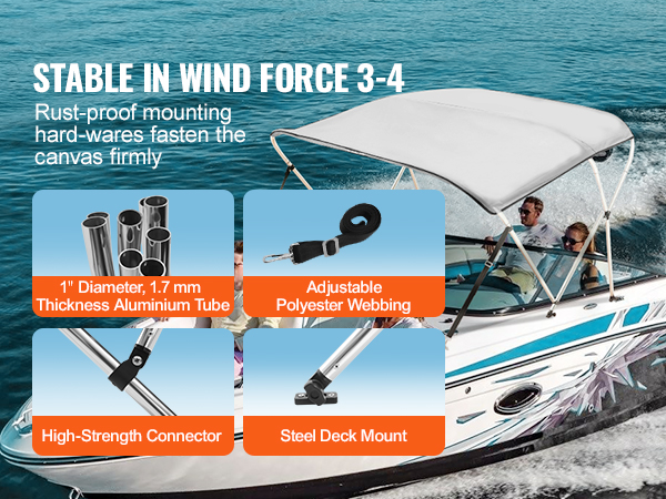 VEVOR bimini top on boat, stable in wind force 3-4, rust-proof hardware, aluminum tube, polyester webbing.