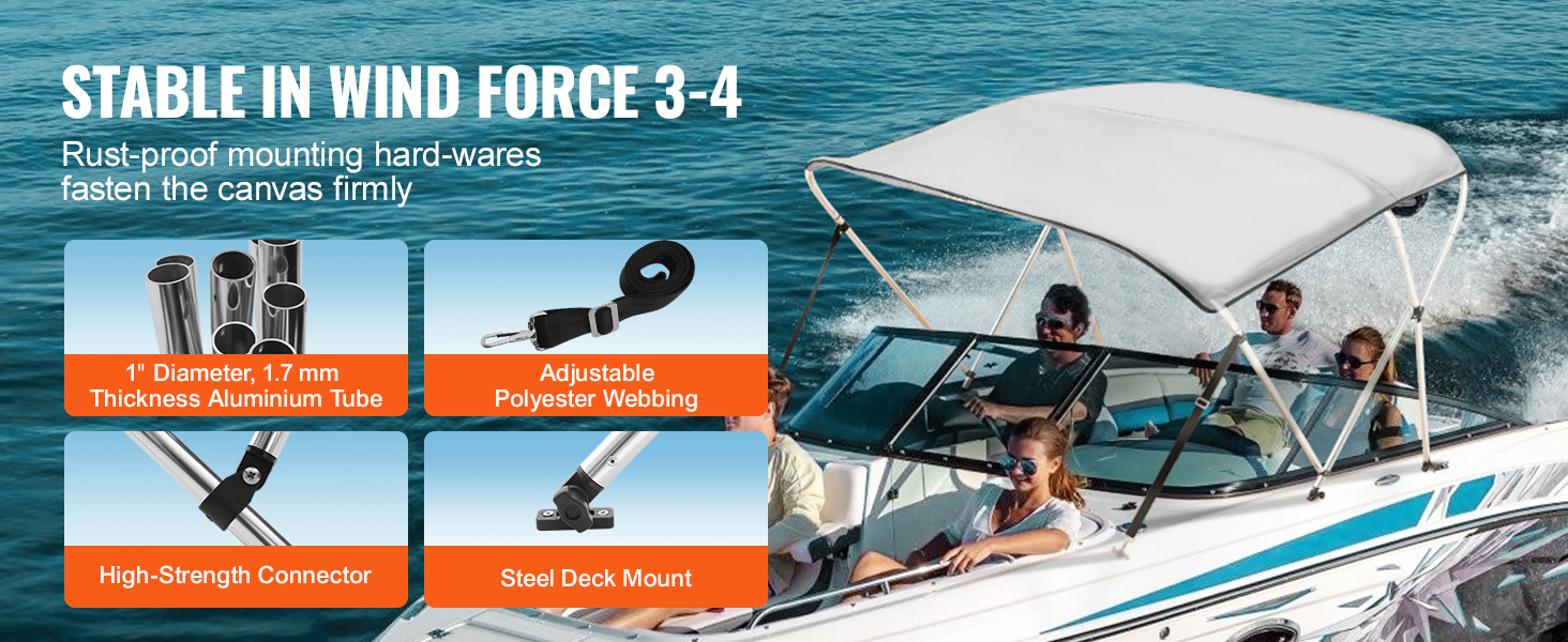 VEVOR bimini top on boat, stable in wind force 3-4, rust-proof hardware, aluminum tube, polyester webbing.
