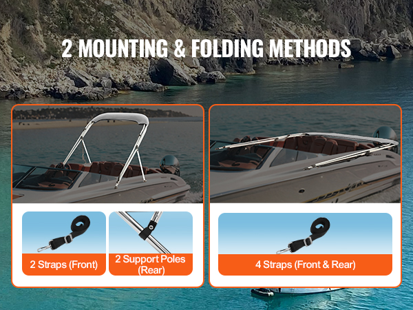 VEVOR bimini top with 2 mounting methods: front straps and rear support poles or four straps.