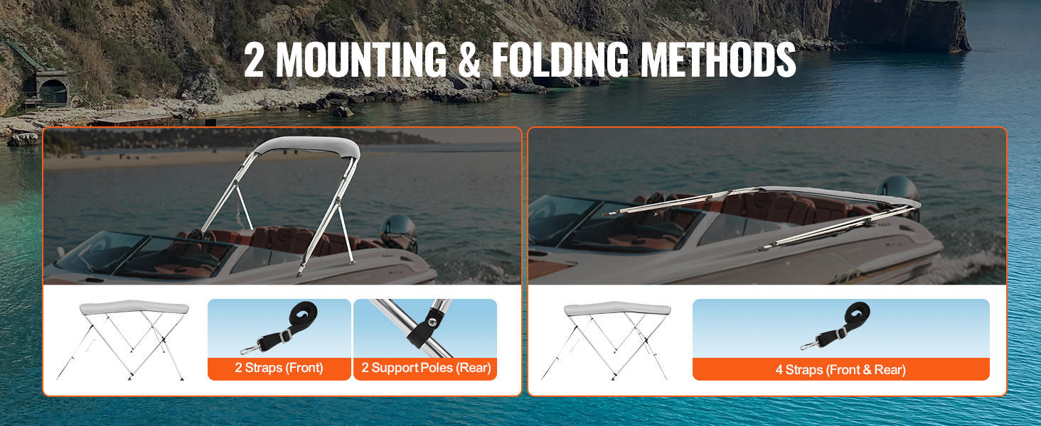 VEVOR bimini top with 2 mounting methods: front straps and rear support poles or four straps.