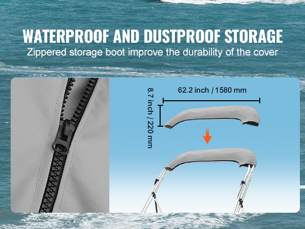 waterproof and dustproof storage for VEVOR bimini top with zippered storage boot, 62.2"x8.7".