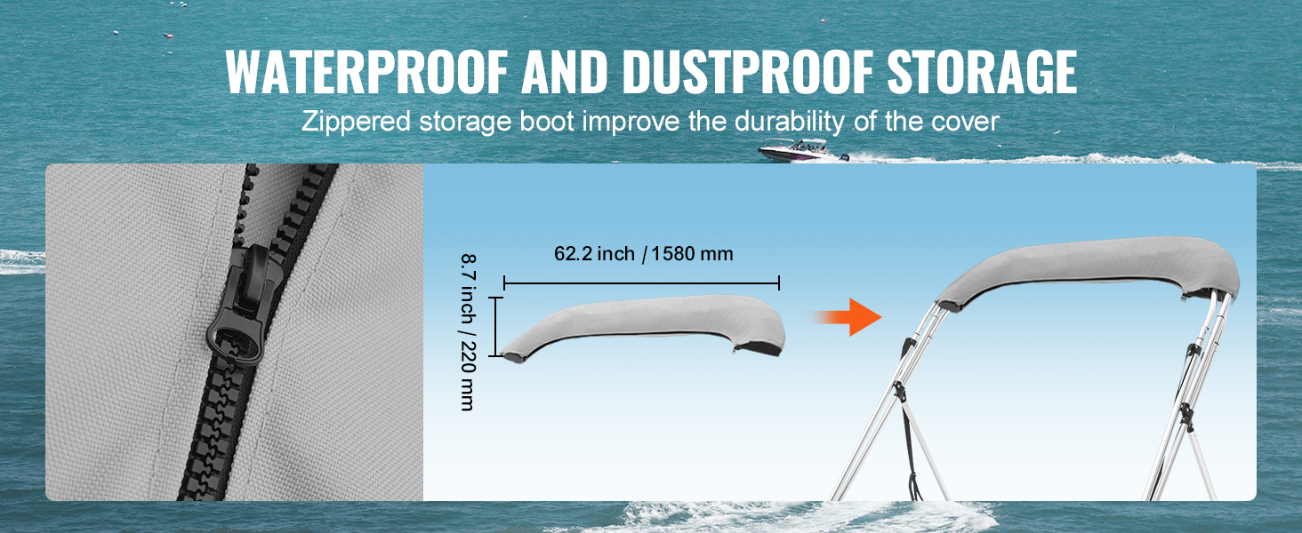 waterproof and dustproof storage for VEVOR bimini top with zippered storage boot, 62.2"x8.7".