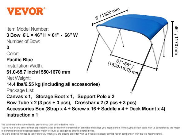 VEVOR bimini top boat cover, 3 bow, 6 ft l x 46 in h x 61-66 in w, pacific blue, 14.4 lbs, incl. accessories.