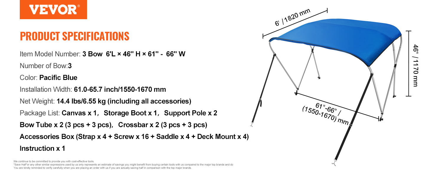 VEVOR bimini top boat cover, 3 bow, 6 ft l x 46 in h x 61-66 in w, pacific blue, 14.4 lbs, incl. accessories.
