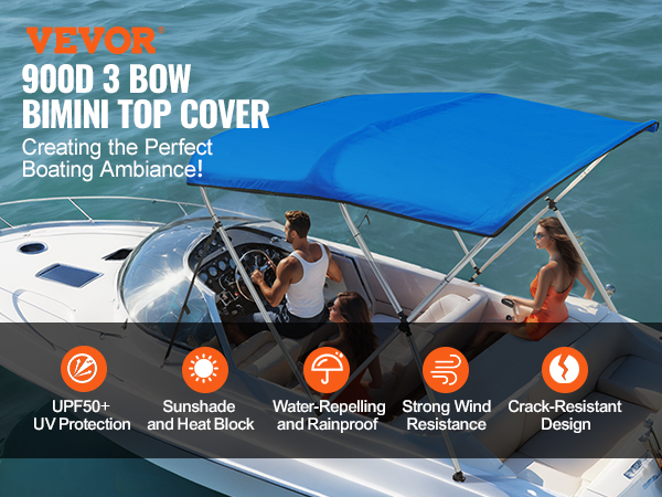 VEVOR bimini top boat cover, blue, on a sleek white boat in the water with uv protection, sunshade, and wind resistance.