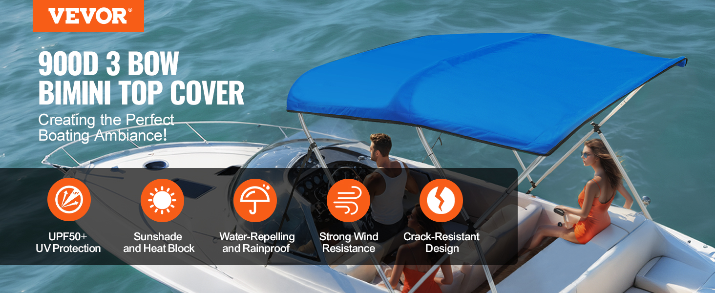 VEVOR bimini top boat cover, blue, on a sleek white boat in the water with uv protection, sunshade, and wind resistance.