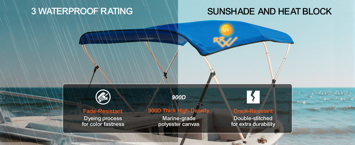 VEVOR bimini top boat cover showing waterproof, fade-resistant, and crack-resistant features.