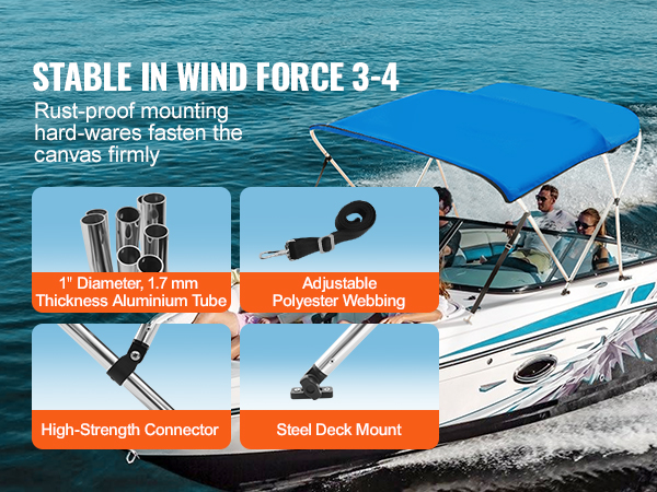 VEVOR bimini top boat cover on a speedboat with rust-proof hardware, aluminum tubes, and polyester webbing.