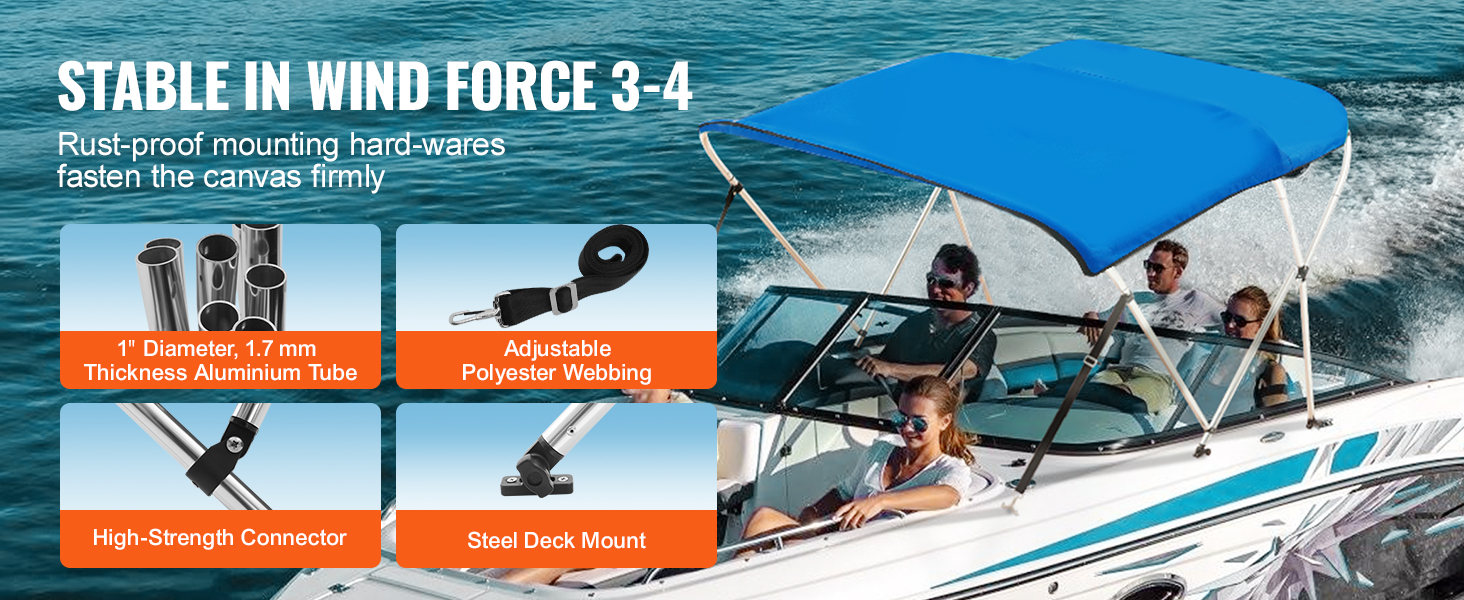 VEVOR bimini top boat cover on a speedboat with rust-proof hardware, aluminum tubes, and polyester webbing.