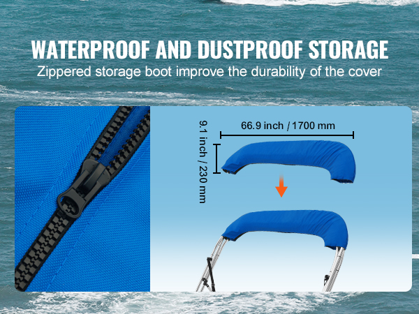 waterproof VEVOR bimini top boat cover in zippered storage boot with measurements against ocean backdrop.