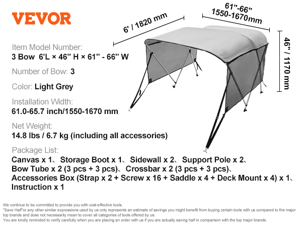 VEVOR 3 bow bimini top, light grey, 6'l x 46"h x 61"-66"w, includes canvas, support poles, and accessories.