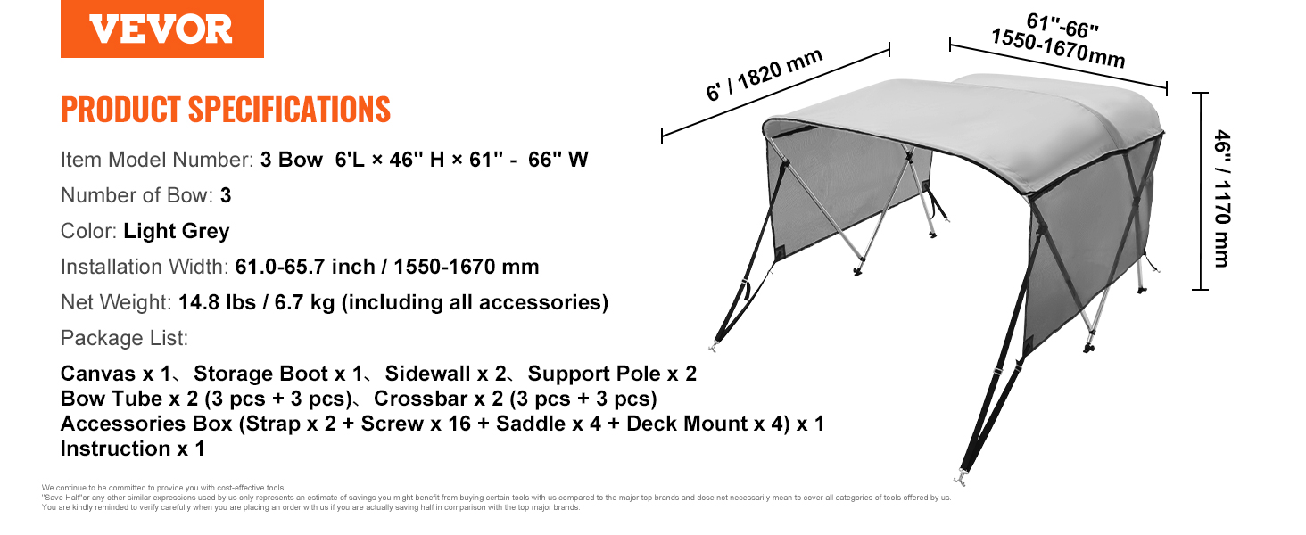 VEVOR 3 bow bimini top, light grey, 6'l x 46"h x 61"-66"w, includes canvas, support poles, and accessories.
