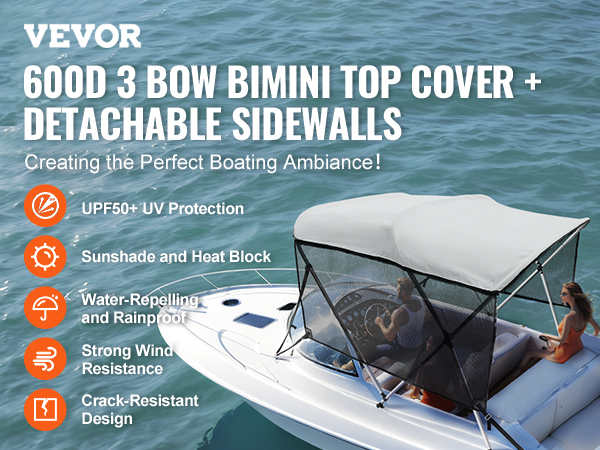VEVOR 3 bow bimini top cover with detachable sidewalls, upf50+ uv protection, water-repelling.
