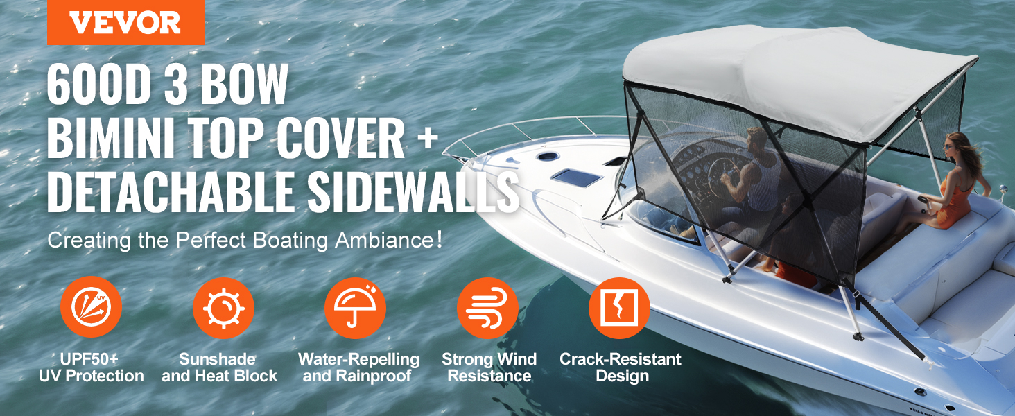 VEVOR 3 bow bimini top cover with detachable sidewalls, upf50+ uv protection, water-repelling.