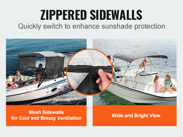 VEVOR 3 bow bimini top with zippered sidewalls for enhanced sunshade protection and ventilation.