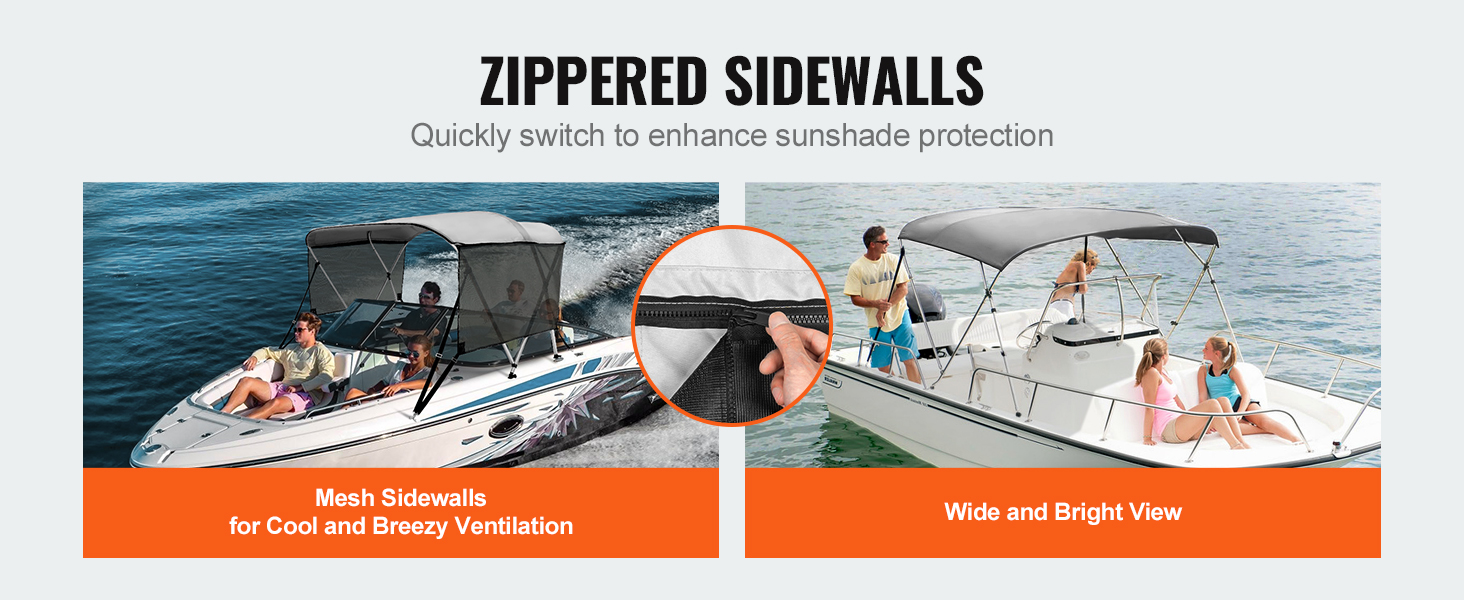 VEVOR 3 bow bimini top with zippered sidewalls for enhanced sunshade protection and ventilation.