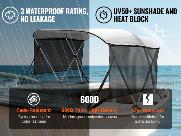 VEVOR 3 bow bimini top in rain with features: waterproof, uv50+ sunshade, fade-resistant, tear-resistant.