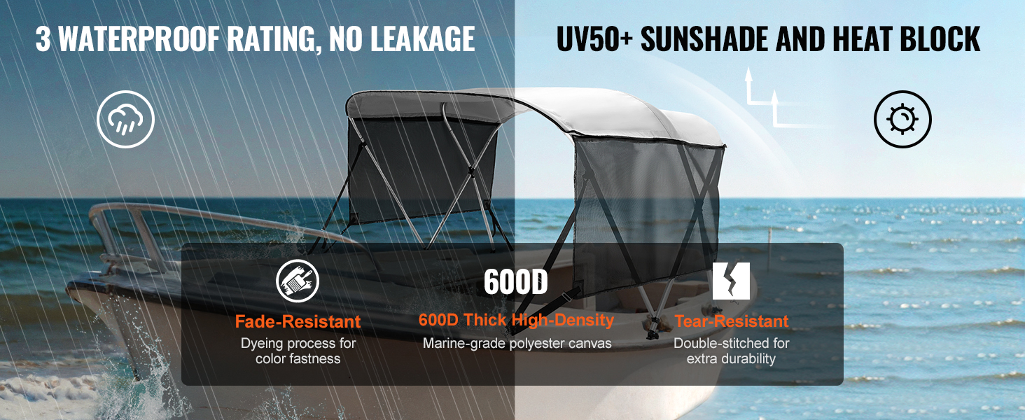 VEVOR 3 bow bimini top in rain with features: waterproof, uv50+ sunshade, fade-resistant, tear-resistant.