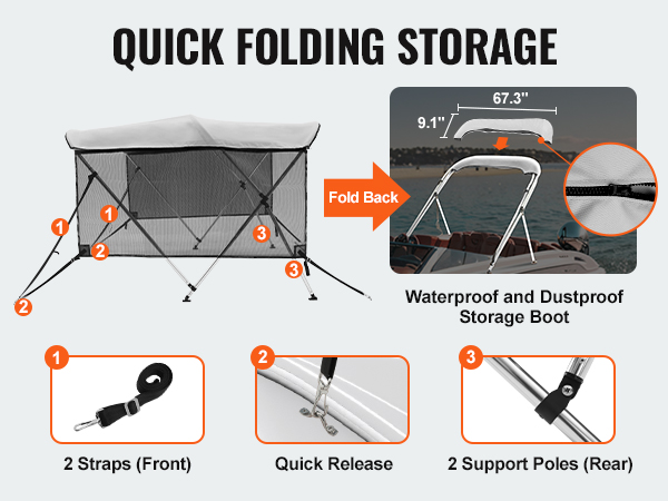 VEVOR 3 bow bimini top - quick folding storage, two front straps, two rear support poles, waterproof boot.