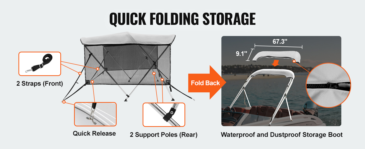 VEVOR 3 bow bimini top - quick folding storage, two front straps, two rear support poles, waterproof boot.