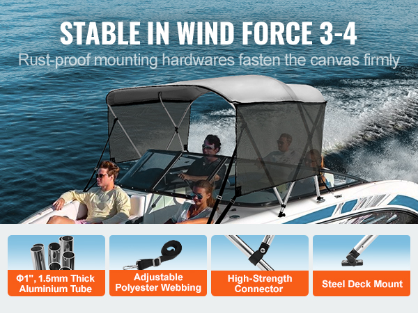 VEVOR 3 bow bimini top with aluminum tube, adjustable webbing, high-strength connectors, steel deck mount.