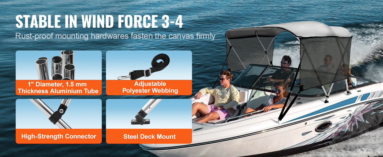 VEVOR 3 bow bimini top with aluminum tube, adjustable webbing, high-strength connectors, steel deck mount.