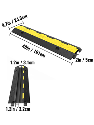 VEVOR cable protectors with dimensions marked: 40in x 9.7in x 2in, yellow and black.