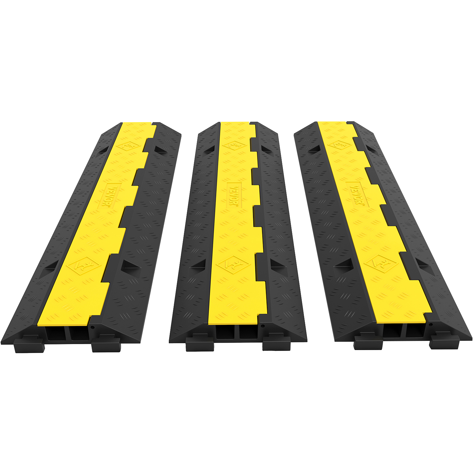 three black and yellow VEVOR cable protectors in a row on a white background.