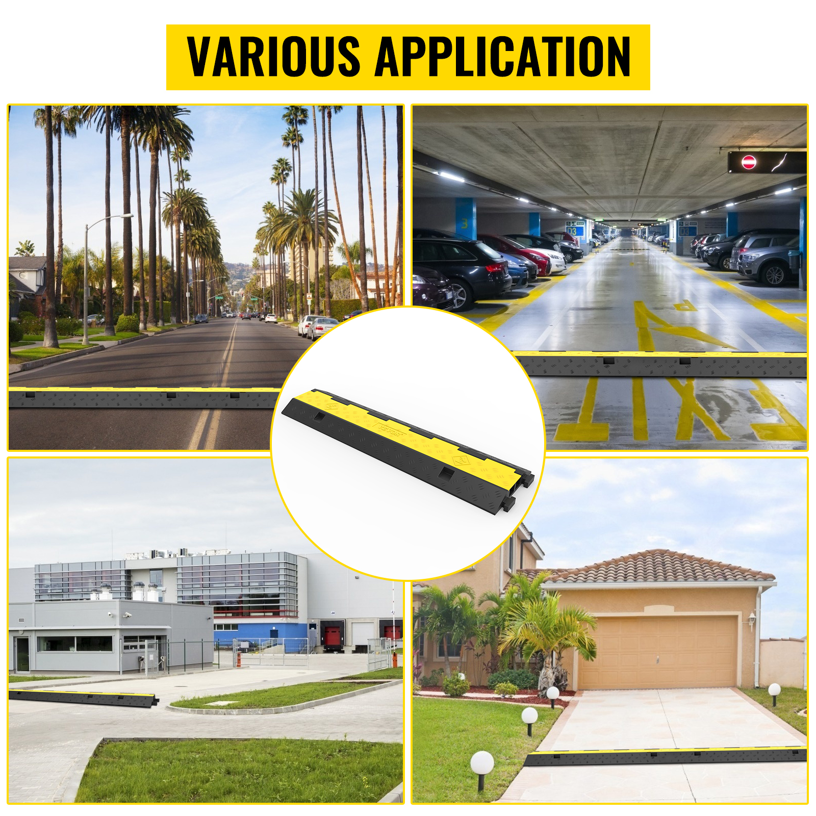 VEVOR cable protectors used in streets, parking garages, industrial areas, and driveways.