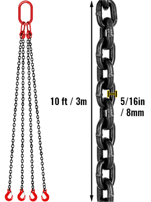 VEVOR engine lift chain, 10ft length, 5/16in thickness with red hooks for lifting.