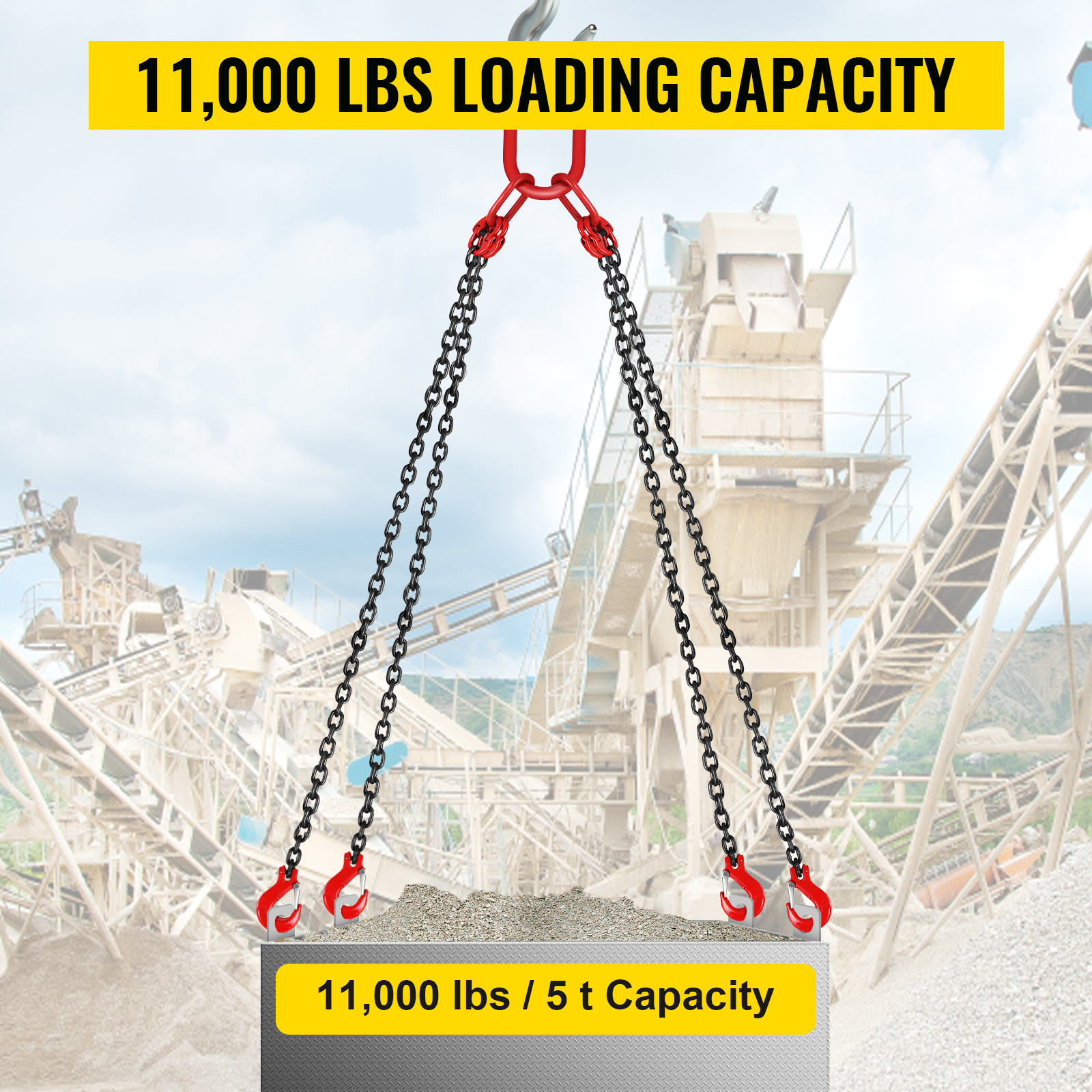 VEVOR engine lift chain with 11,000 lbs loading capacity in industrial setting.