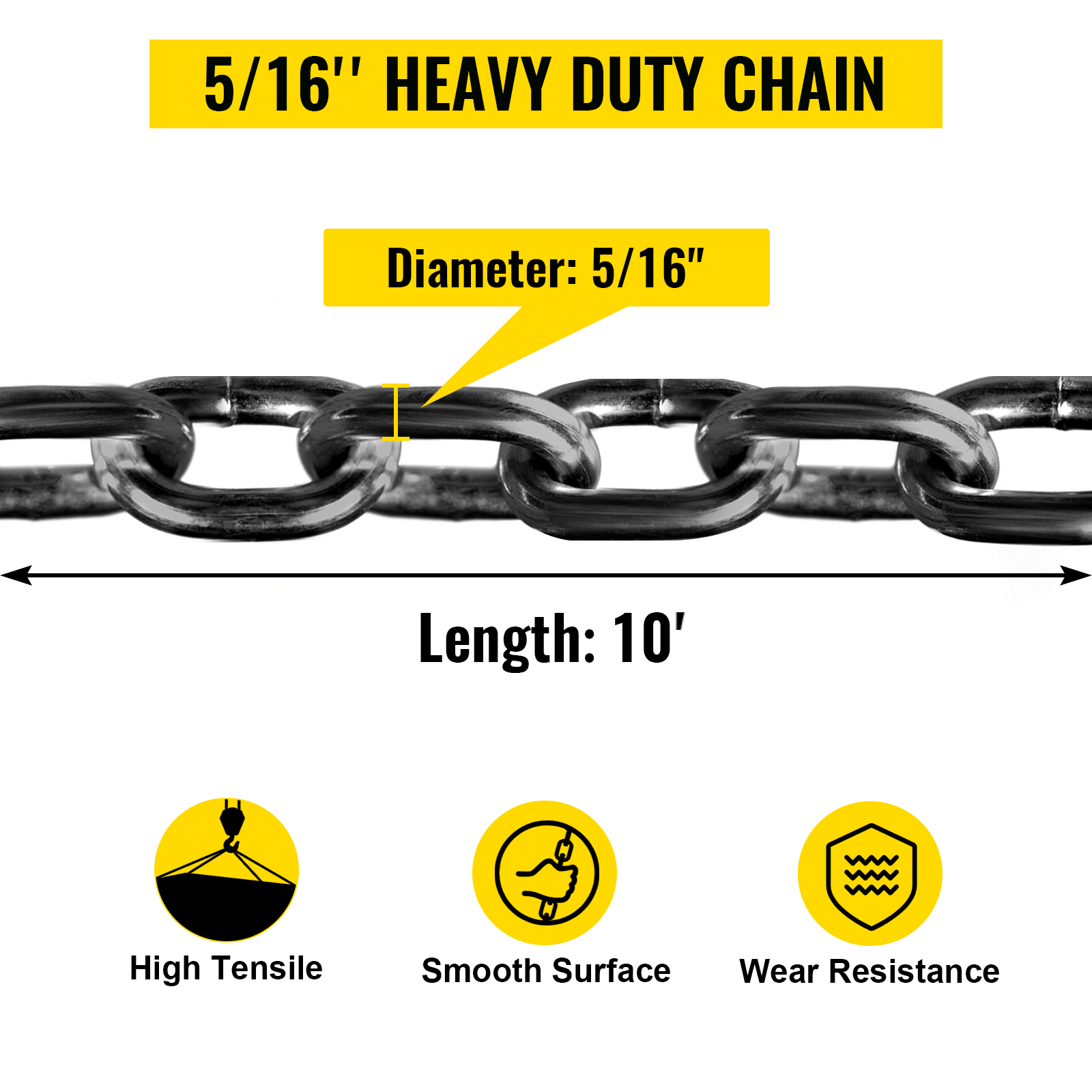 5/16'' heavy duty VEVOR engine lift chain, 10' length, high tensile, smooth surface.