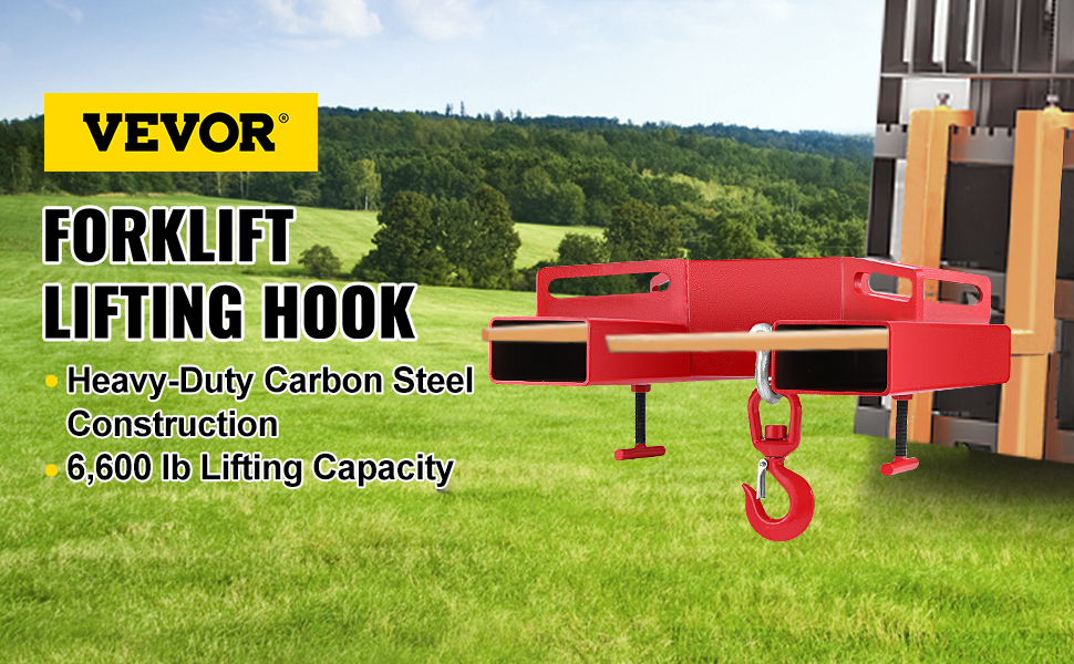 VEVOR forklift lifting hook with heavy-duty carbon steel construction, 6,600 lb capacity.