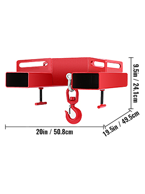 red VEVOR forklift lifting hook with dimensions 20in x 19.5in x 9.5in.