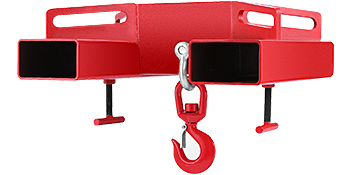 red VEVOR forklift lifting hook with double fork attachments and central hanging hook.