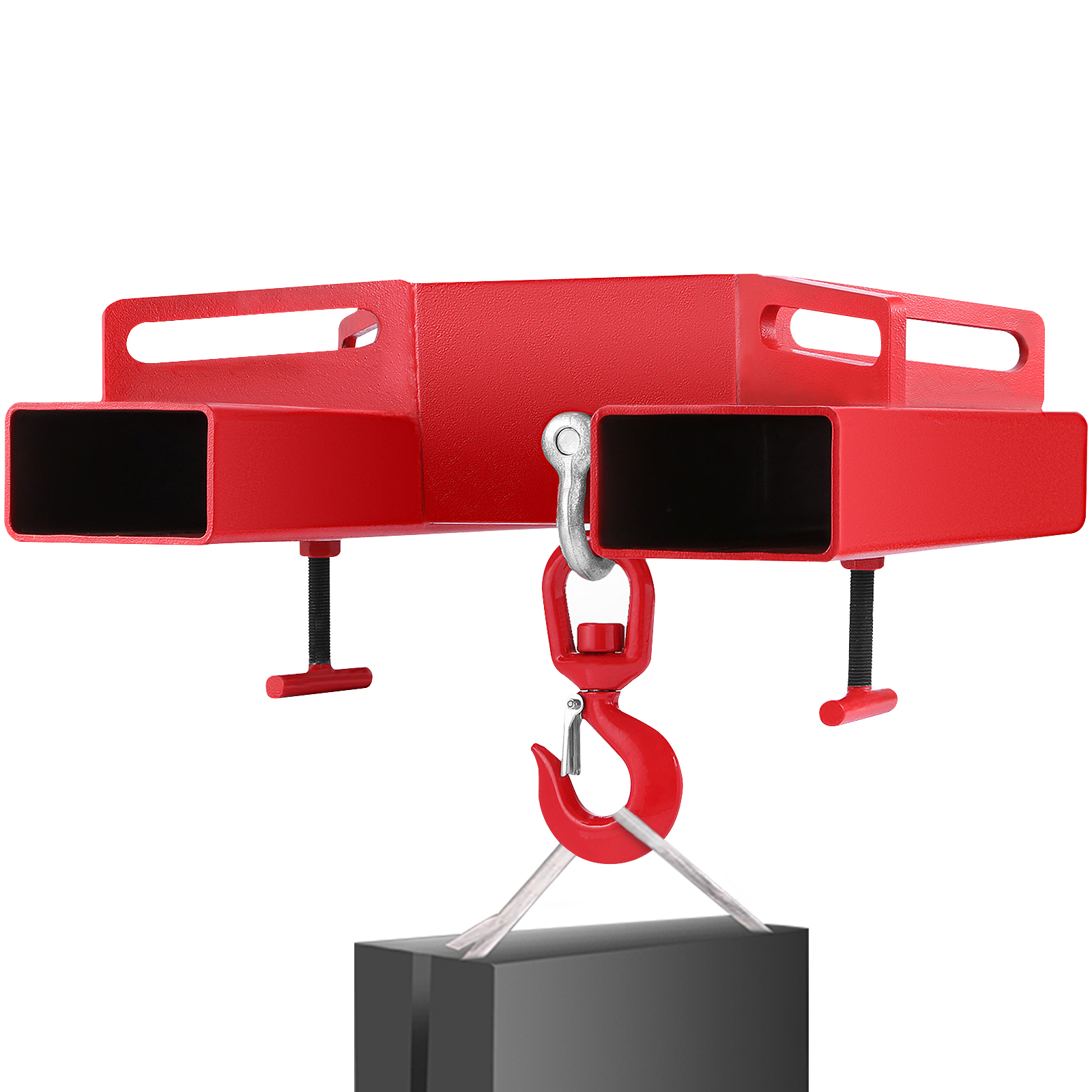 red VEVOR forklift lifting hook attached to a load, featuring dual clamps.