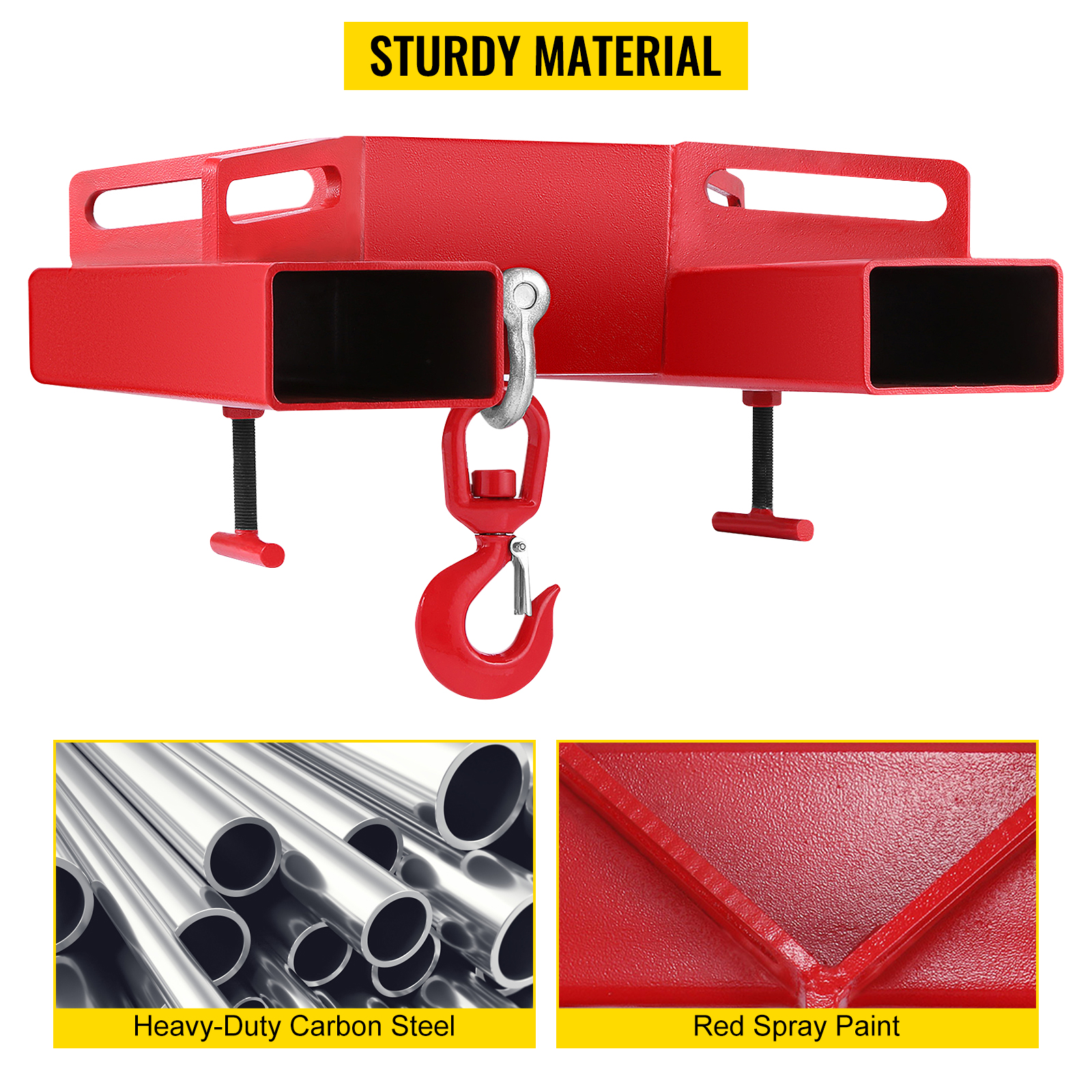 red VEVOR forklift lifting hook with durable carbon steel and red spray paint finish.