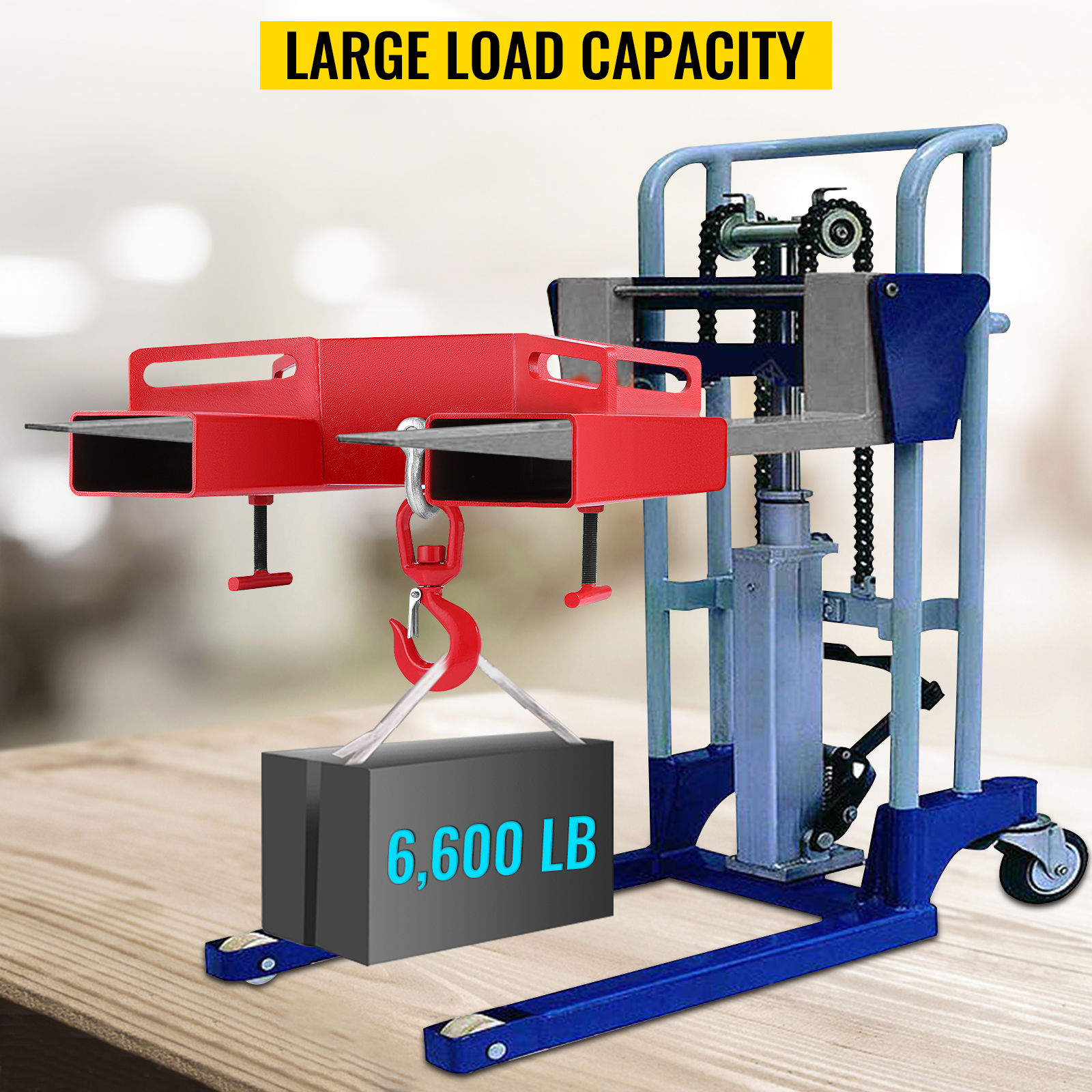 VEVOR forklift lifting hook showing large load capacity of 6,600 lb.