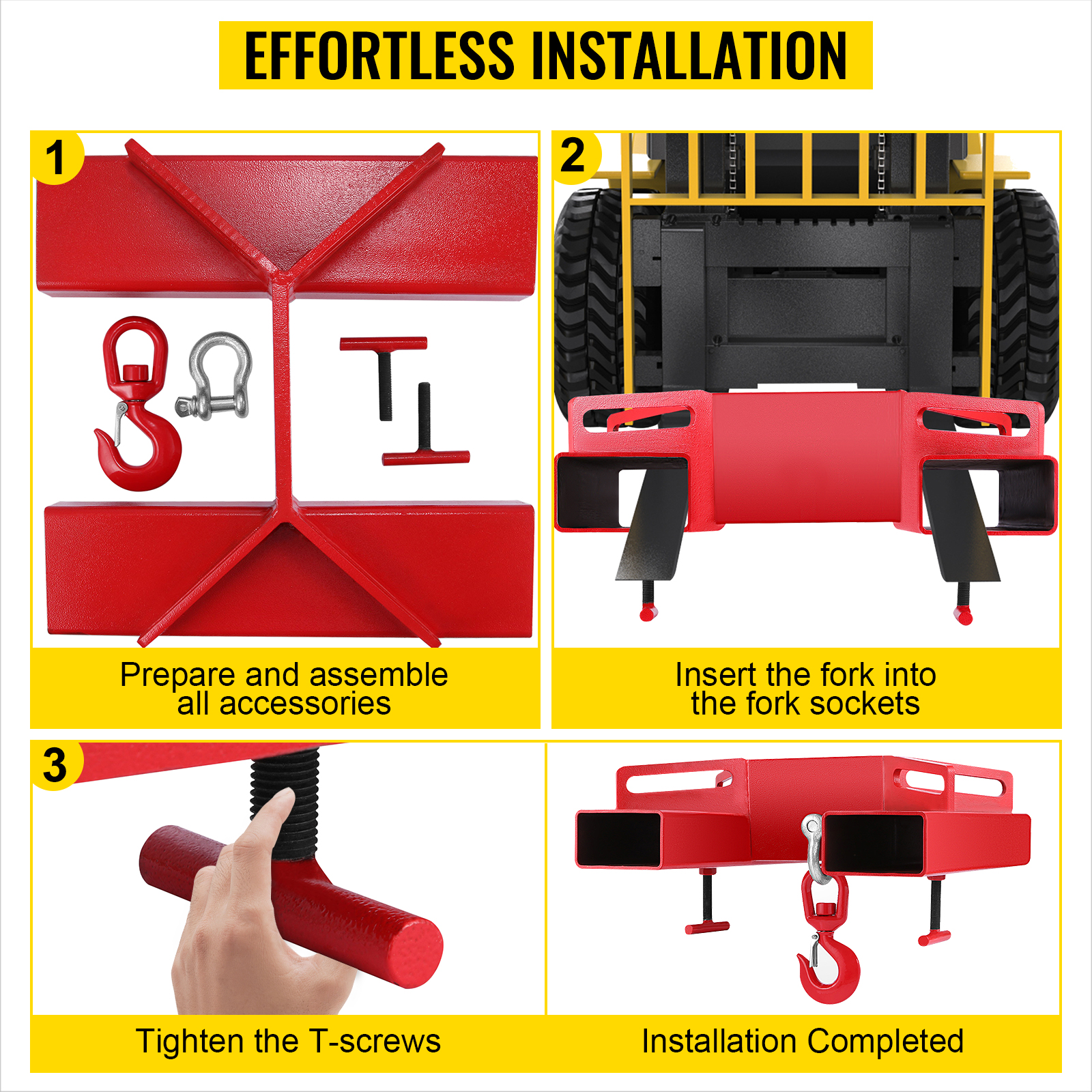 VEVOR forklift lifting hook assembly and installation guide in four steps.