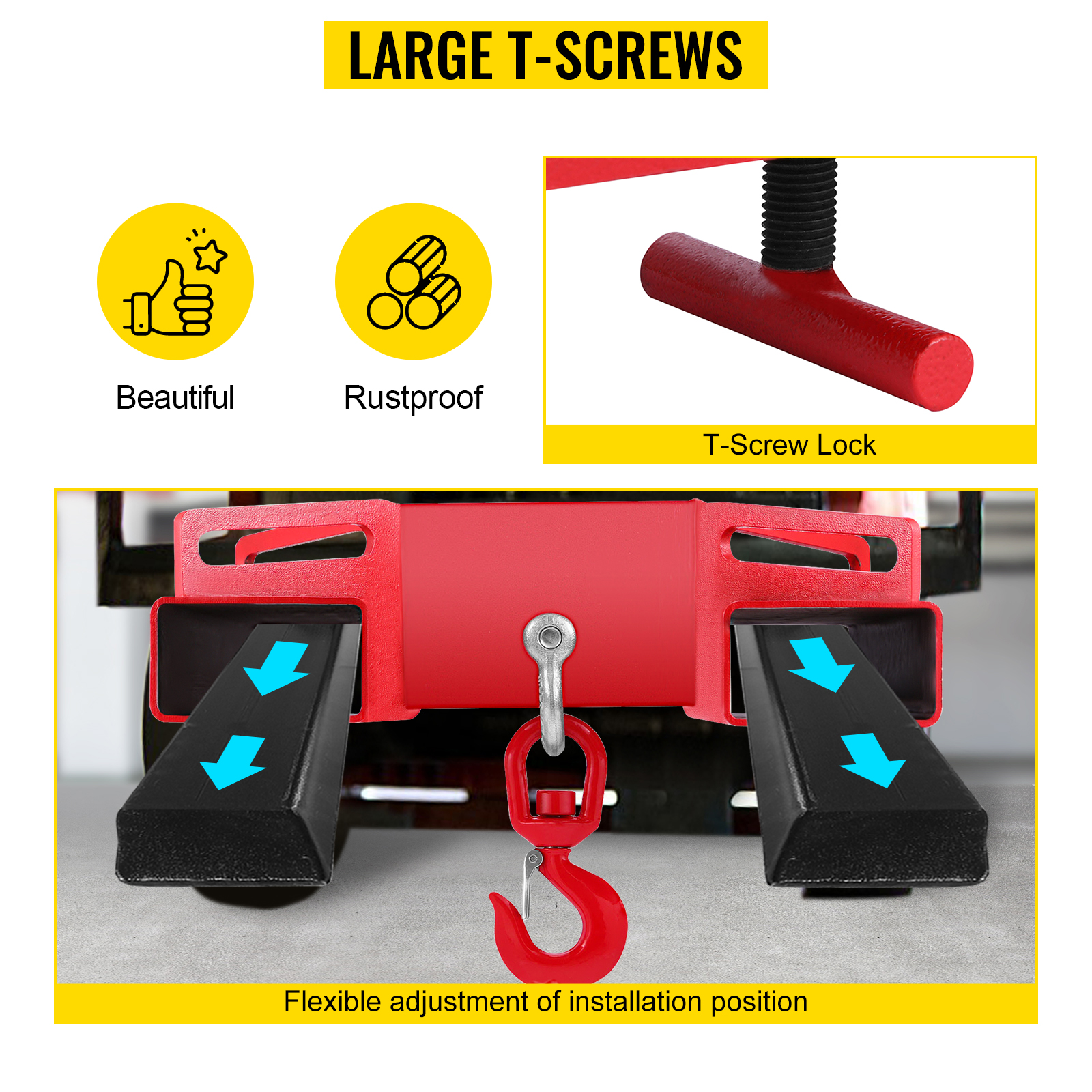 VEVOR forklift lifting hook with large t-screws for flexible installation.