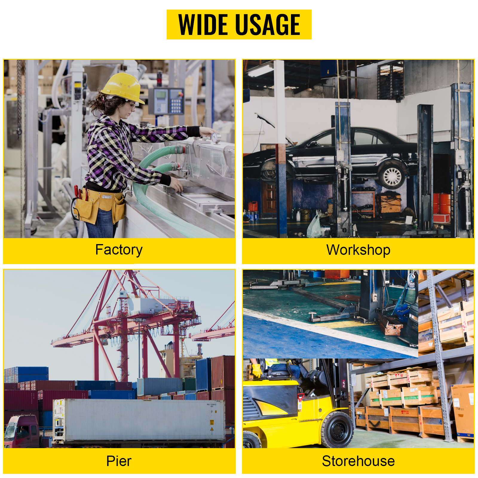 wide usage of VEVOR forklift lifting hook in factory, workshop, pier, and storehouse.